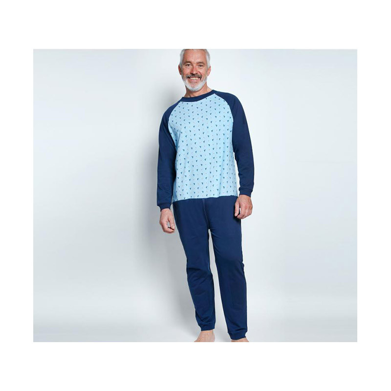 PYJAMA GRENOUILLERE MANCHES ET JAMBES LONGUES INTERLOCK GRATTE MARINE