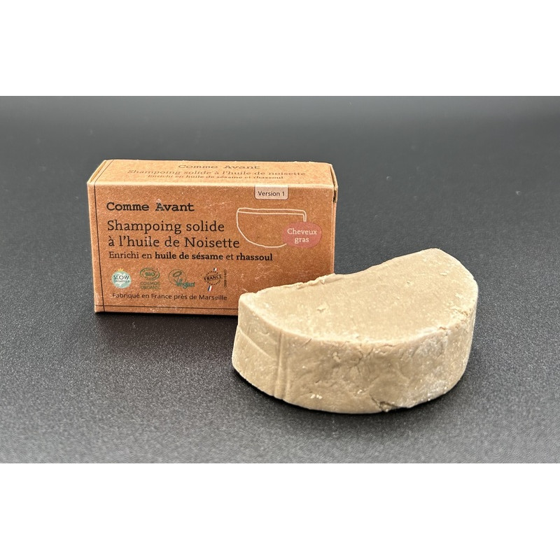 Shampoing solide à l'huile de noisette enrichi en huile de sésame et rhassoul COMME AVANT